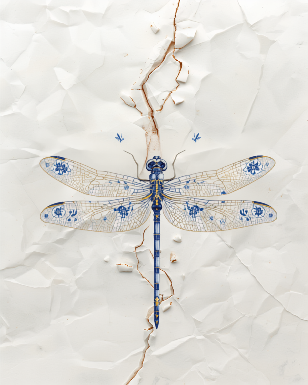 Kintsugi-style dragonfly on cracked porcelain paper