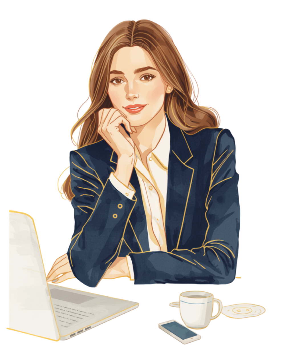 Illustrated portrait of the consultant at her desk with a laptop, coffee and phone