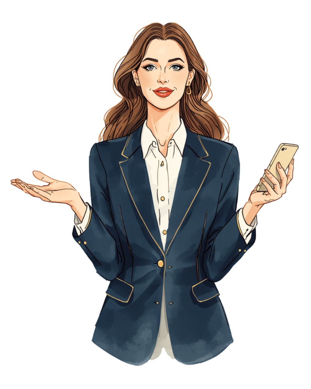 Illustrated portrait of the consultant gesturing while holding her phone