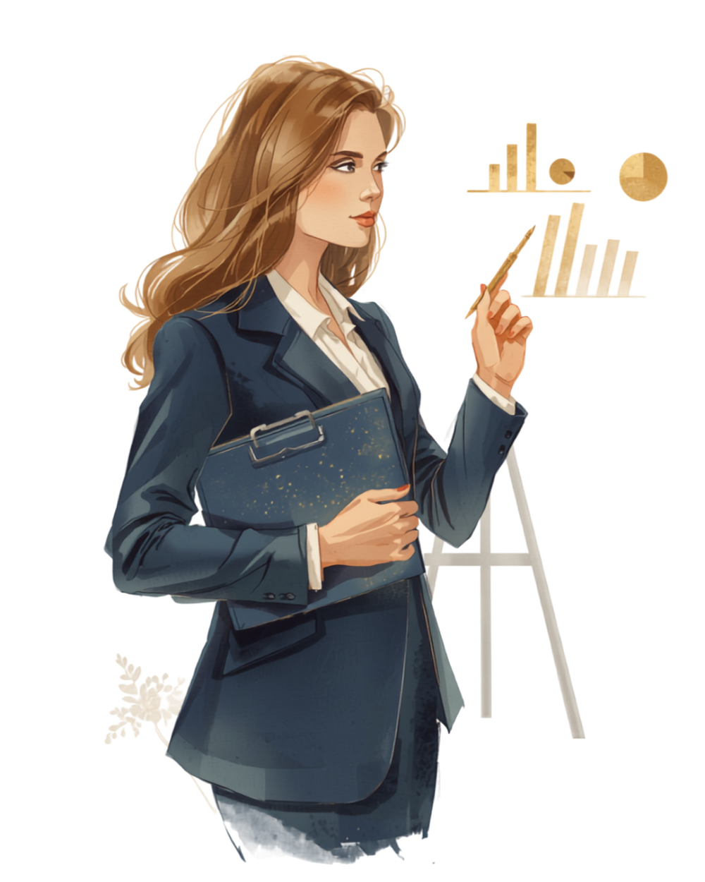 Illustrated portrait of the consultant presenting business charts