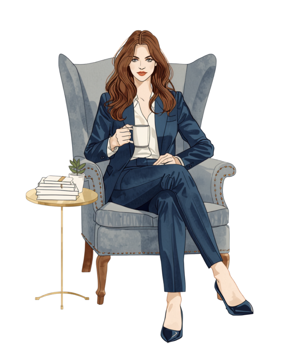 Illustrated portrait of the consultant, seated with coffee